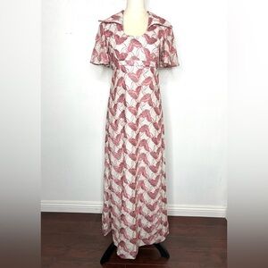 VINTAGE 1970s Maxi Dress Textured Leaf Print Collared Vtg 70s Hostess Gown